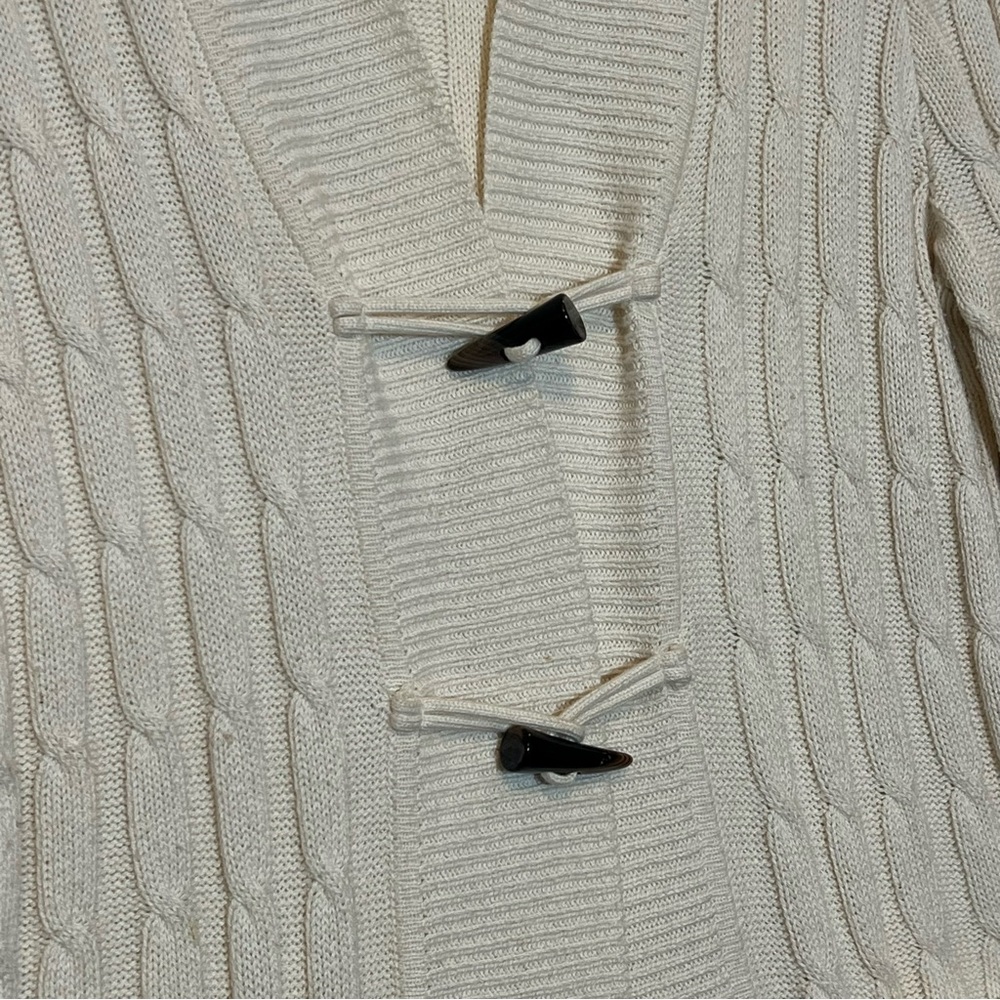 Talbots Cardigan Sweater Cable Knit Shawl Collar Large Petite Wool Cotton blend - Picture 6 of 8